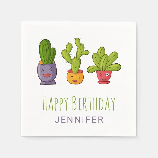 Serviette En Papier Trois mignons cactus dans des pots de fleurs Illus (Devant)