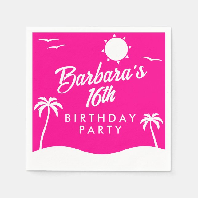 Serviette En Papier Tropical Beach Girly Hot Pink Sweet 16 (Devant)