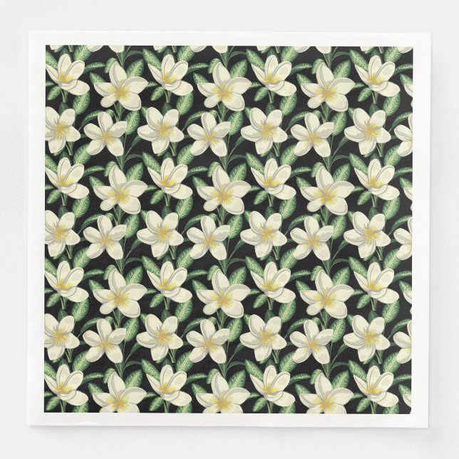 Serviette En Papier Tropical continu motif fleurs blanches feuille ver (Devant)