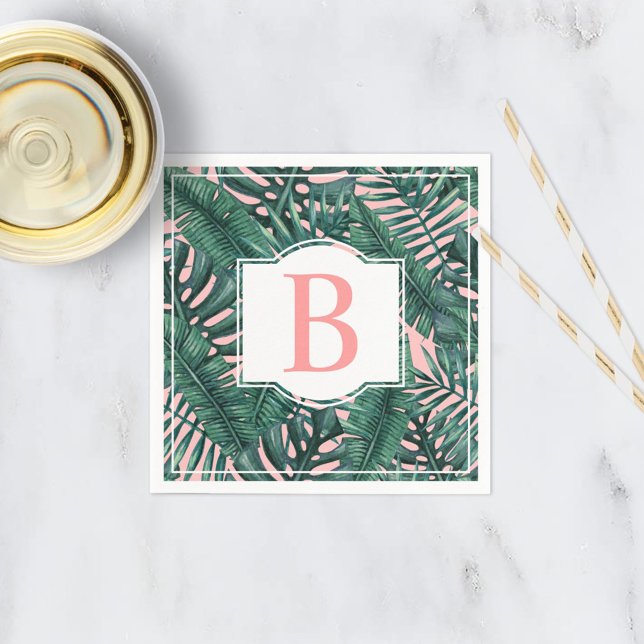 Serviette En Papier Tropical Green Palm Feuille Coral Monogramme (Créateur téléchargé)