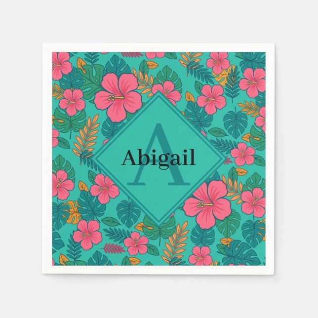 Serviette En Papier Tropical Hibiscus and Palm Leaf Pattern  (Devant)