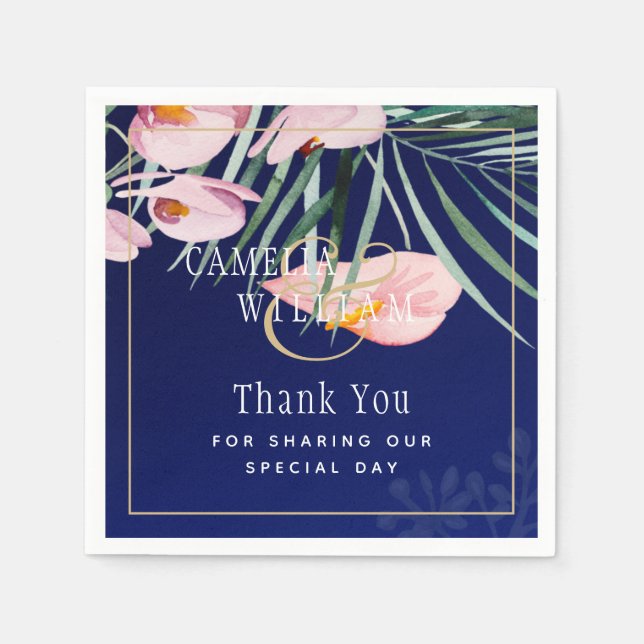 Serviette En Papier Tropical Island Royal Blue Flowers Feuille Mariage (Devant)