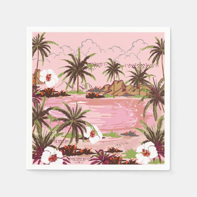 Serviette En Papier Tropical Isle Palms Plante et mer rose (Devant)
