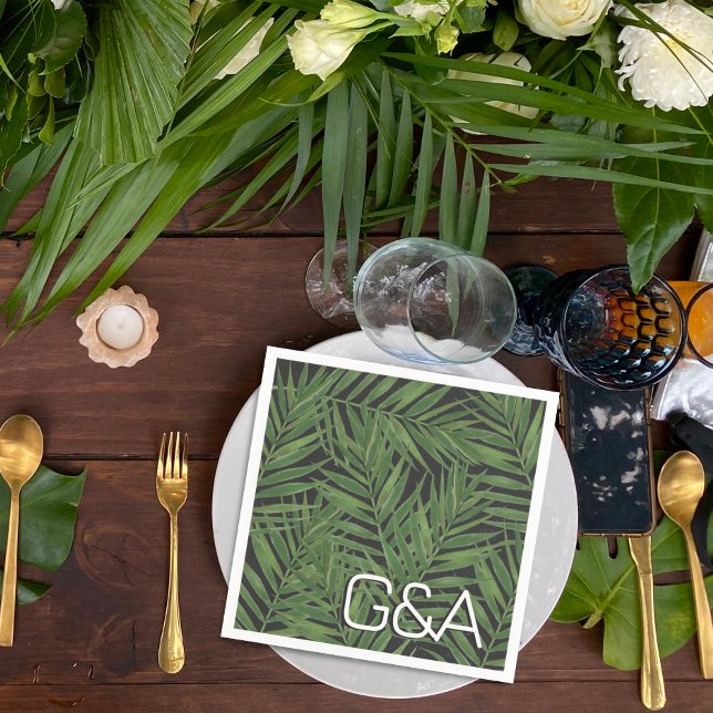 Serviette En Papier Tropical Palm Night Sky Moderne Initiales Mariage (Créateur téléchargé)