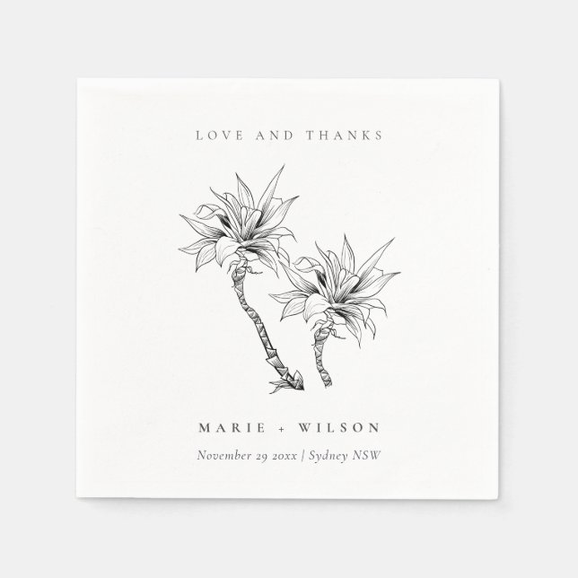 Serviette En Papier Tropical Rustic Palms noir blanc Mariage croquis (Devant)