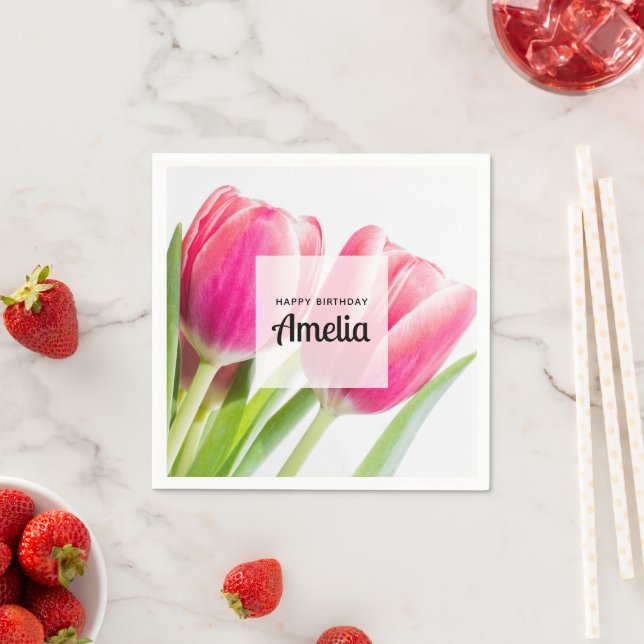 Serviette En Papier Tulipes roses avec Feuilles verts Photo Anniversai (En situation)