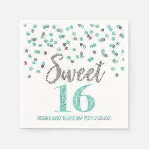 Serviette En Papier Turquoise Argent Confetti Sweet 16 Anniversaire