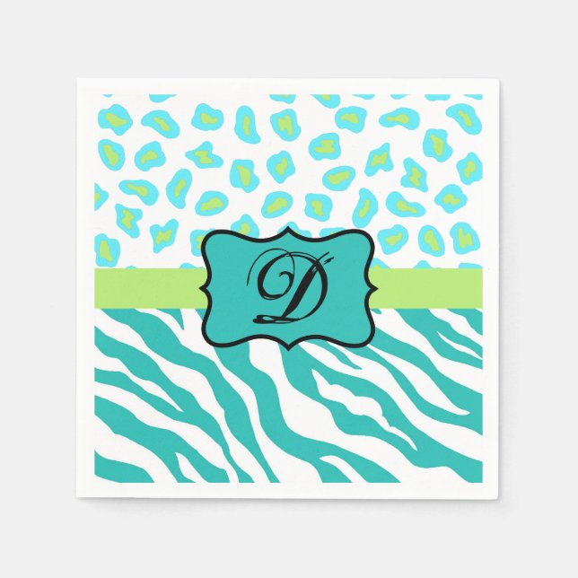 Serviette En Papier Turquoise Blanc Vert Zèbre Léopard Monogramme de p (Devant)