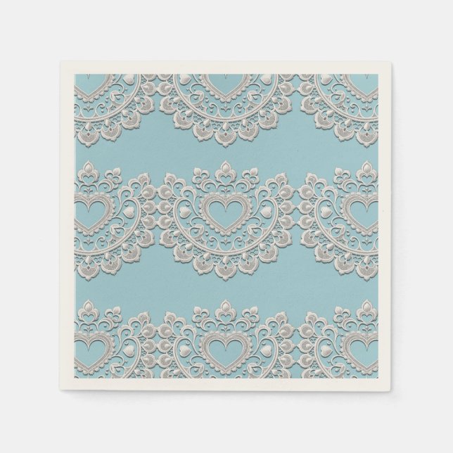 Serviette En Papier Turquoise Bleu Blanc dentelle Coeur Mariage (Devant)