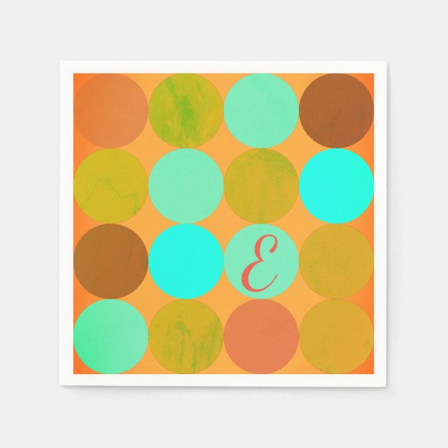 Serviette En Papier Turquoise Bleu Vert & Cercles Orange Monogramme (Devant)