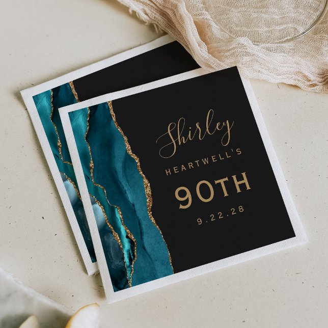 Serviette En Papier Turquoise Blue Agate Gold Script foncé 90e anniver (Créateur téléchargé)