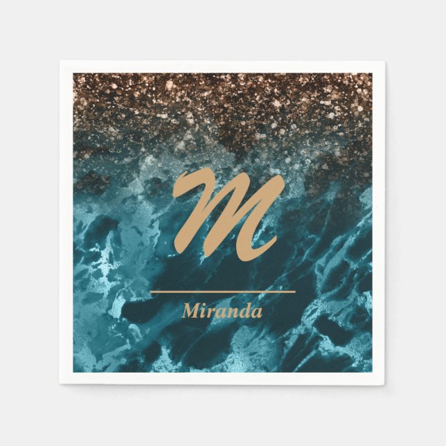Serviette En Papier Turquoise Blue Agate parties scintillant Monogramm (Devant)