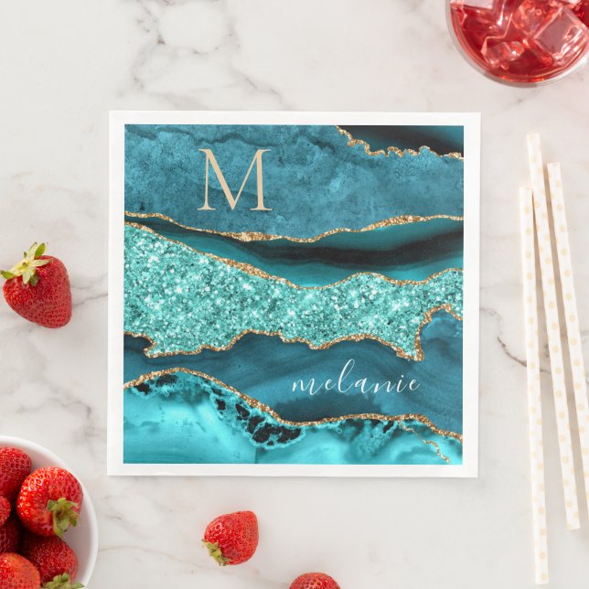 Serviette En Papier Turquoise Blue Gold Aqua Lettre personnalisée Nom  (En situation)