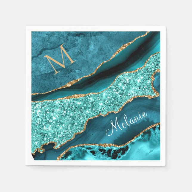 Serviette En Papier Turquoise Blue Gold Votre Lettre Nom Turquoise Nap (Devant)