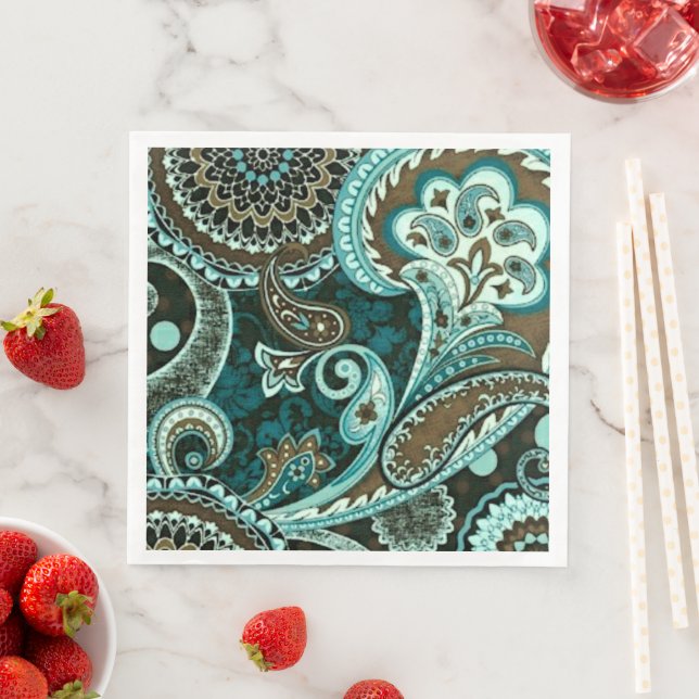 Serviette En Papier Turquoise Brown Vintage Paisley (En situation)