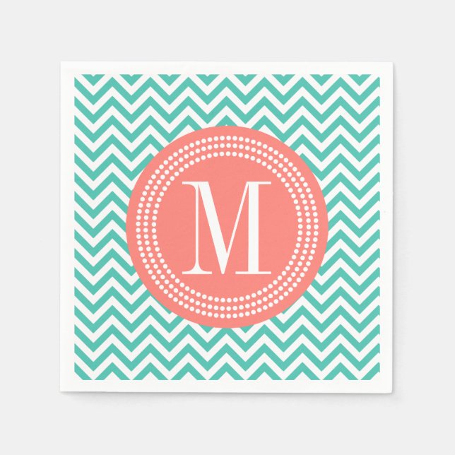 Serviette En Papier Turquoise Chevron Zigzag Monogramme personnalisé (Devant)