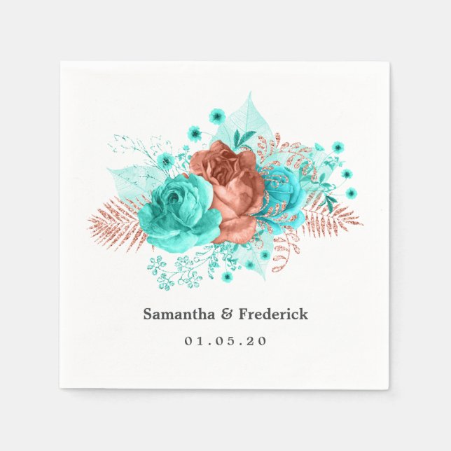 Serviette En Papier Turquoise et Coral Tropical Floral Mariage (Devant)