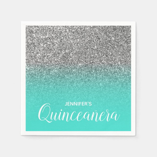 Serviette En Papier Turquoise et Parties scintillant argentée Ombre Qu (Devant)