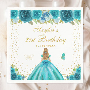 Serviette En Papier Turquoise Floral Blonde Hair Princess Anniversaire