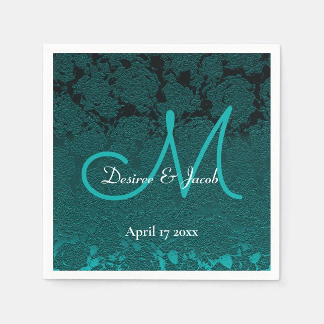 Serviette En Papier Turquoise foncé Turquoise blanc élégant Monogramme (Devant)