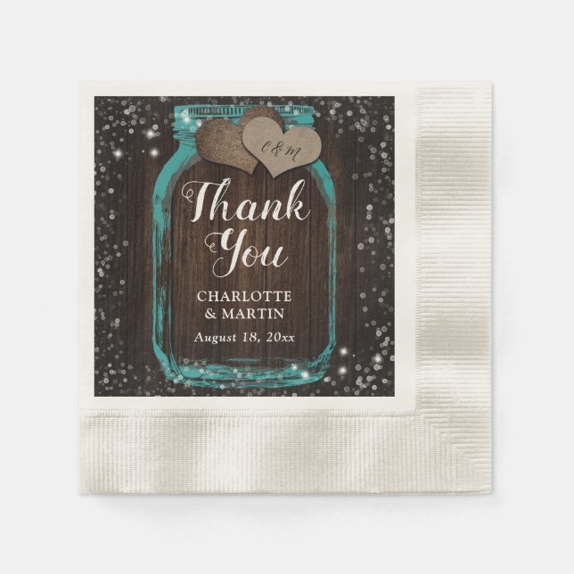 Serviette En Papier Turquoise Mason Jar Merci rustique  Mariage (Devant)