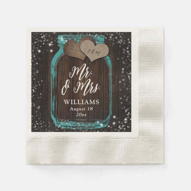 Serviette En Papier Turquoise Mason Jar Rustic Wood M & Mme Mariage (Devant)