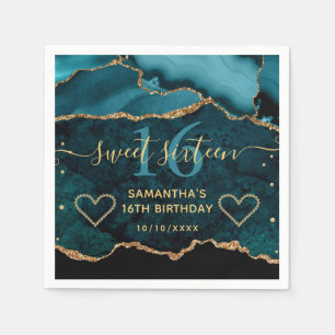 Serviette En Papier Turquoise & Or Faux Paillettes Agate Marbre Douce 