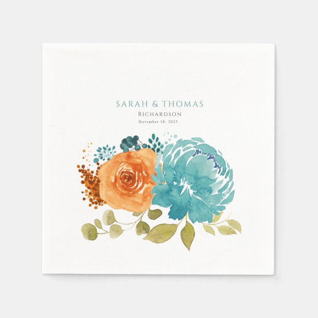 Serviette En Papier Turquoise Orange Terracotta Boho Floral (Devant)
