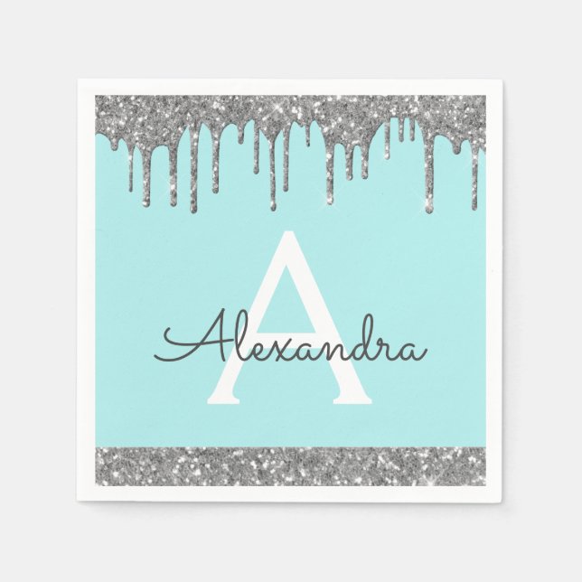 Serviette En Papier Turquoise Parties scintillant d'argent Monogramme  (Devant)