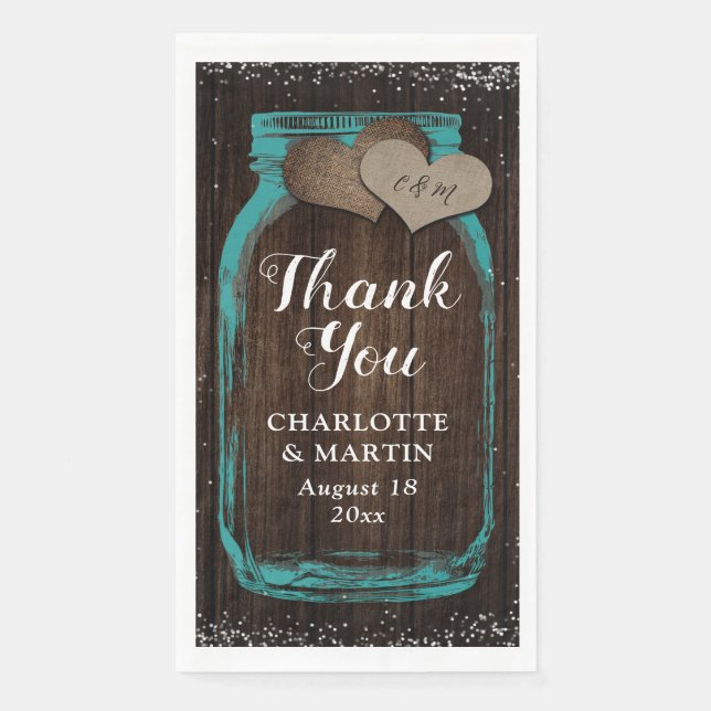 Serviette En Papier Turquoise rustique Mason Jar Merci Mariage en bois (Devant)