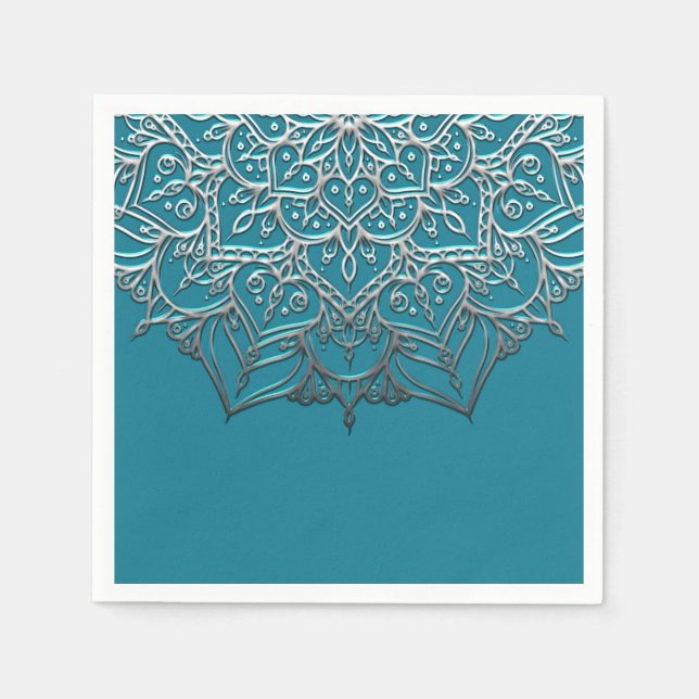 Serviette En Papier Turquoise & Silver Mandala Elegant Minimal Mariage (Devant)