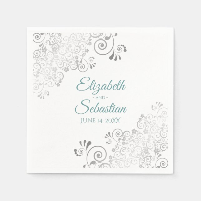 Serviette En Papier Turquoise sur blanc avec frites d'argent Mariage é (Devant)