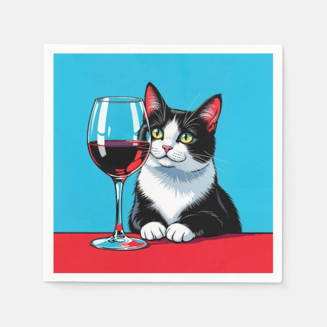 Serviette En Papier Tuxedo Cat With Glass of Red Wine (Devant)