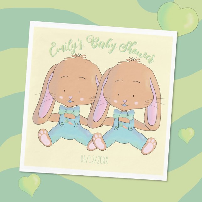 Serviette En Papier Twin Bunnies Baby shower Papier Jaune Napkin (Cute twin bunnies spring baby shower paper napkins .)