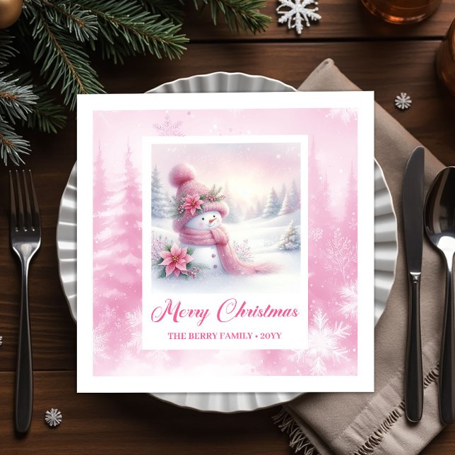 Serviette En Papier Twinkling Pink Snowman Winter Scene Christmas   (Twinkling Pink Snowman Winter Scene Christmas Napkins Kids)