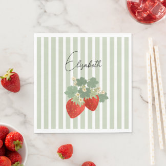 Serviette En Papier Two Red Strawberries Stripes & Flowers | Fruit