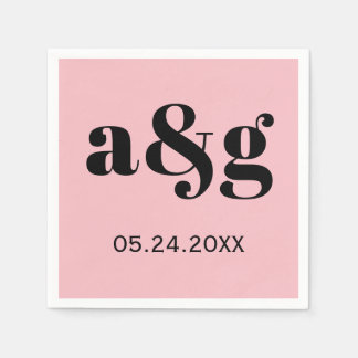 Serviette En Papier Typographie des initiales noires sur mariage rose