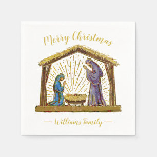 Serviette En Papier Typographie d'or de Noël Nativité Manger