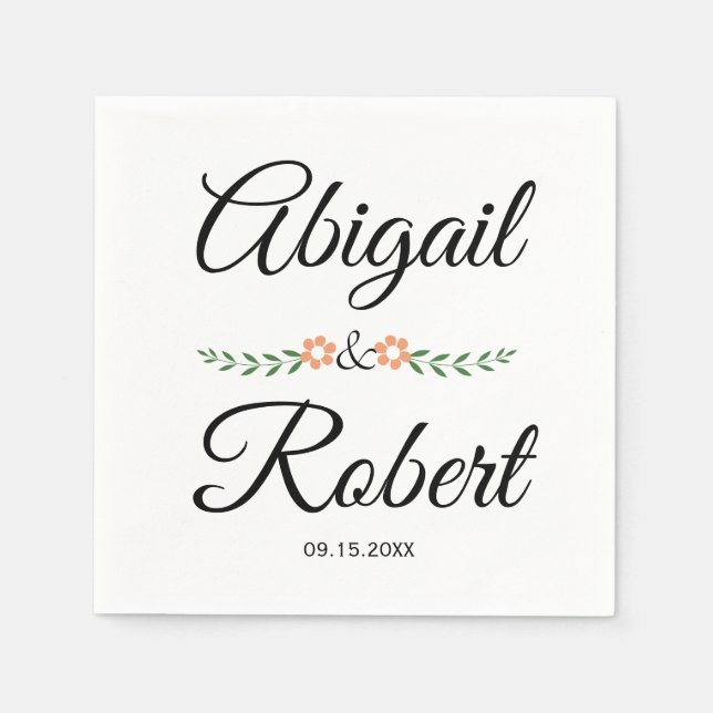 Serviette En Papier Typographie moderne et fleurs de pêche mariage (Devant)