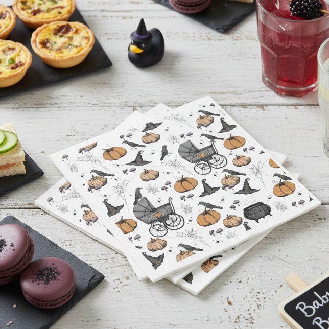 Serviette En Papier Un bébé brasse blanc Victorien Porte bébé (White Gothic Halloween Baby Shower Paper Napkins. Vintage Baby Carriage, Black Raven, Pumpkin & Web)