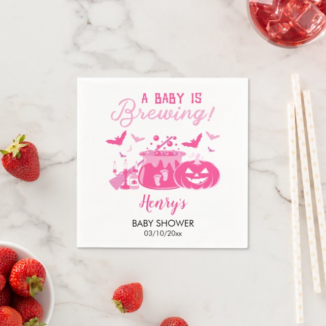 Serviette En Papier Un Bébé Brèche Baby shower D'Halloween Rose, Fille (En situation)