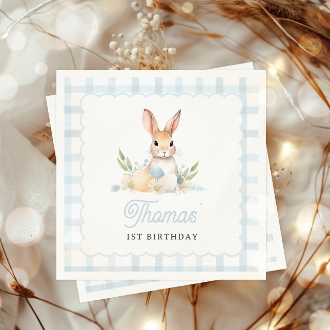 Serviette En Papier Un Bunny Pastel Printemps Bleu En vichy 1er Annive (Créateur téléchargé)