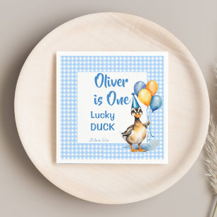 Serviette En Papier Un canard chanceux bleu en vichy anniversaire impr