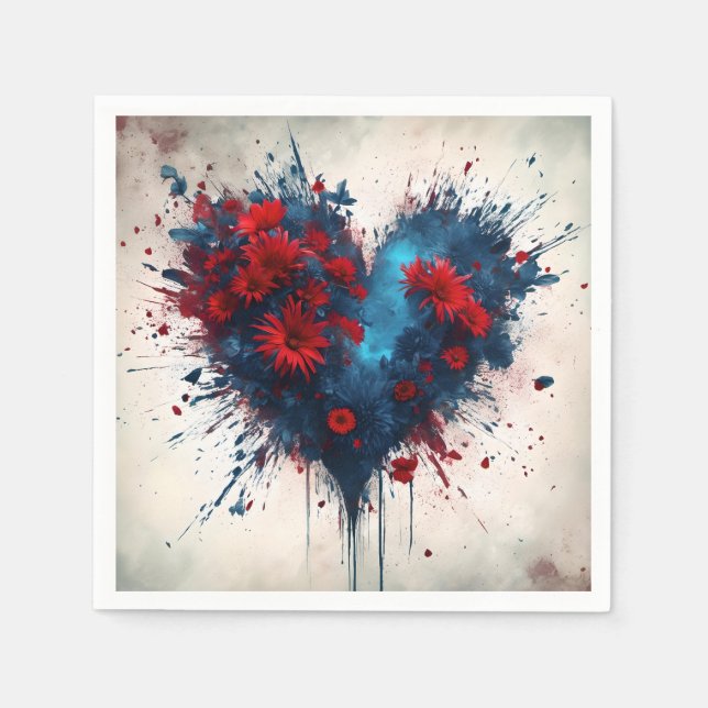 Serviette En Papier Un coeur bleu éclatant avec des fleurs rouges (Devant)