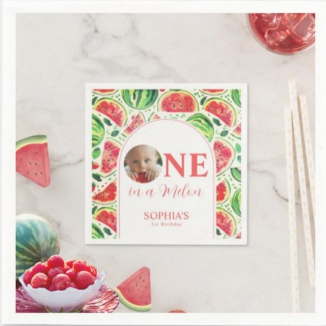Serviette En Papier Un dans un melon photo premier anniversaire (One In A Melon Photo 1st Birthday Paper Napkin)