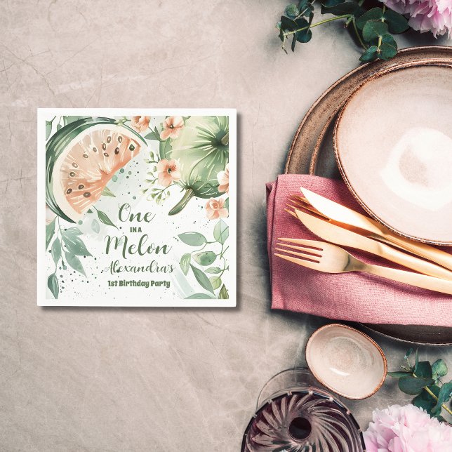 Serviette En Papier Un dans une pastèque Melon Aquarelle 1er Anniversa (Créateur téléchargé)