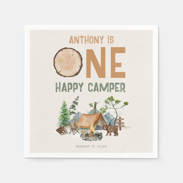 Serviette En Papier Un heureux Camper aquarelle Woodland 1er anniversa (Devant)