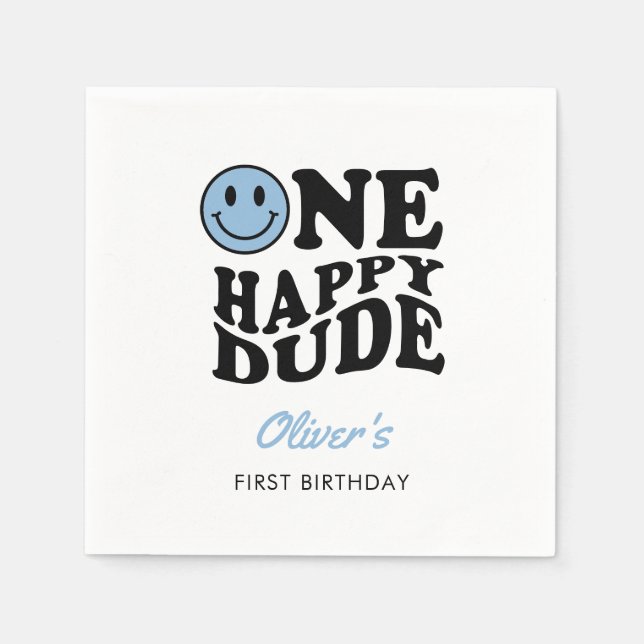 Serviette En Papier Un joyeux Dude Blue Retro Happy Face 1er anniversa (Devant)