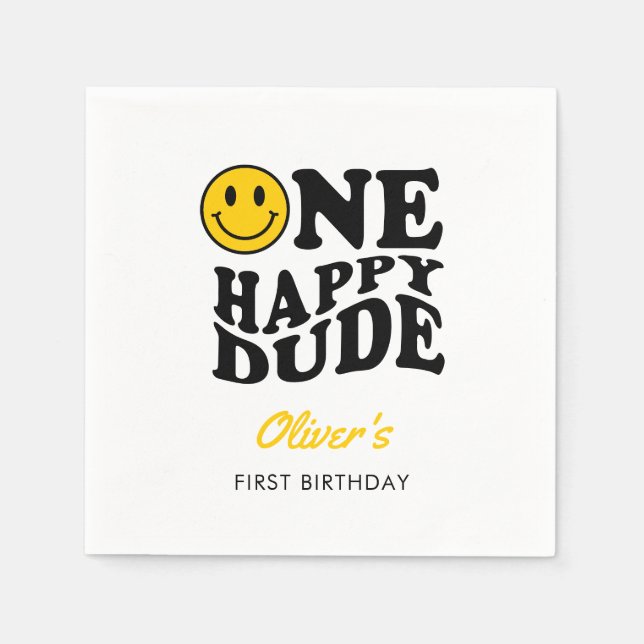 Serviette En Papier Un joyeux Dude Retro Happy Face 1er anniversaire (Devant)