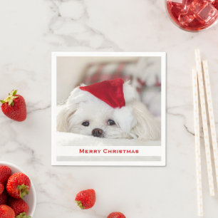 Serviette En Papier Un mignon chien blanc dans un Casquette de Noël ro